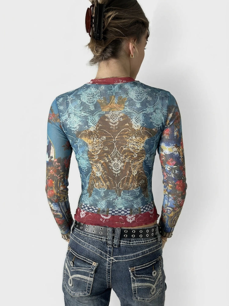 Baroque Mesh Top with Vibrant Prints (M)