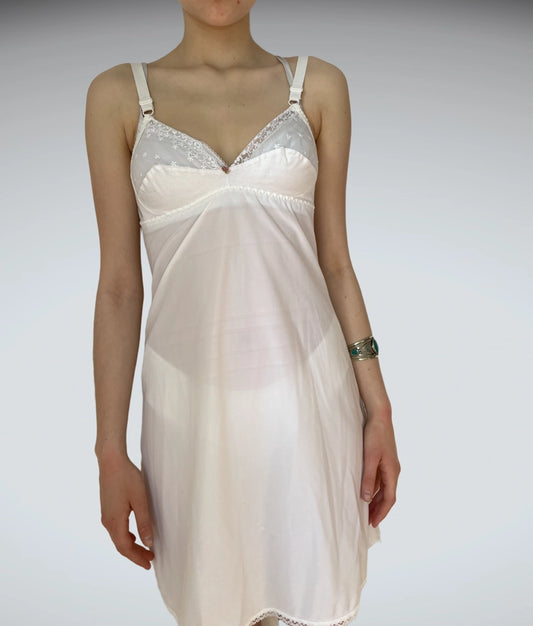 front view, Ethereal White Sheer Lace Trim Vintage Slip Dress Nightwear, vintage Y2K second hand piece