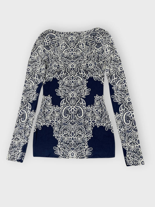 back view, INC navy patterned dress top, vintage Y2K second hand piece