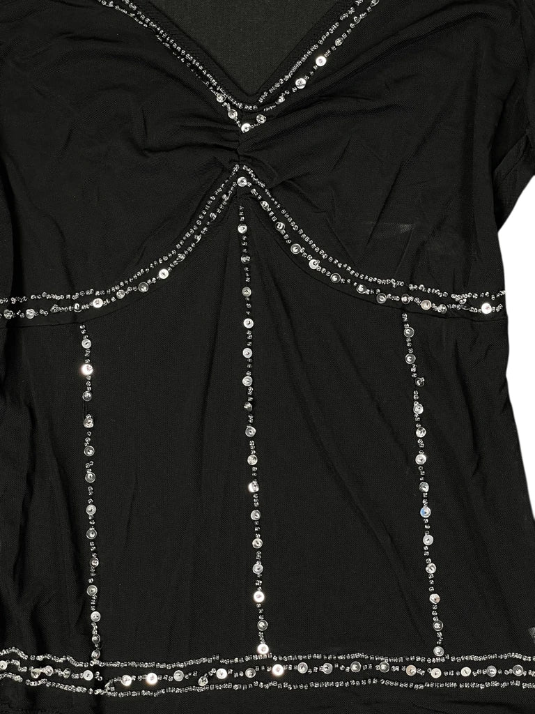 detail view, New York & Company Y2K Rhinestone Embellished Black Top, vintage Y2K second hand piece, image 4