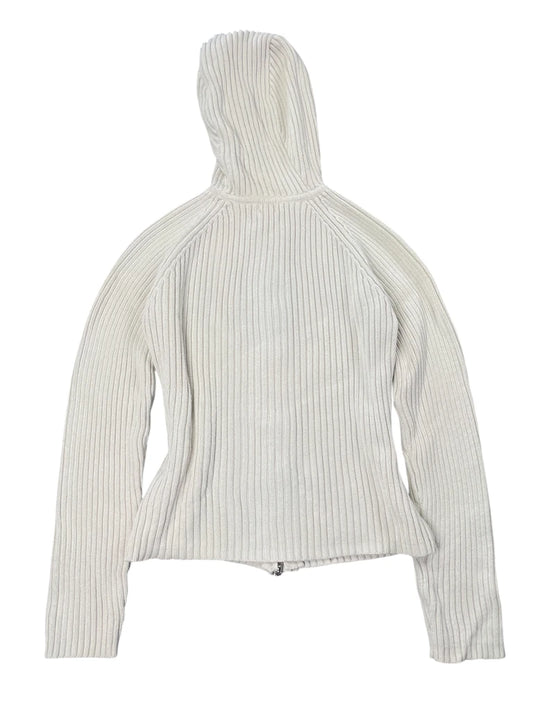back view, Beiger gerippter Strick-Hoodie aus Baumwolle mit Reißverschluss für lässige und gemütliche Alltagslooks L: 51 cm / W: 43 cm Beige Ribbed Knit Hoodie, vintage Y2K second hand piece