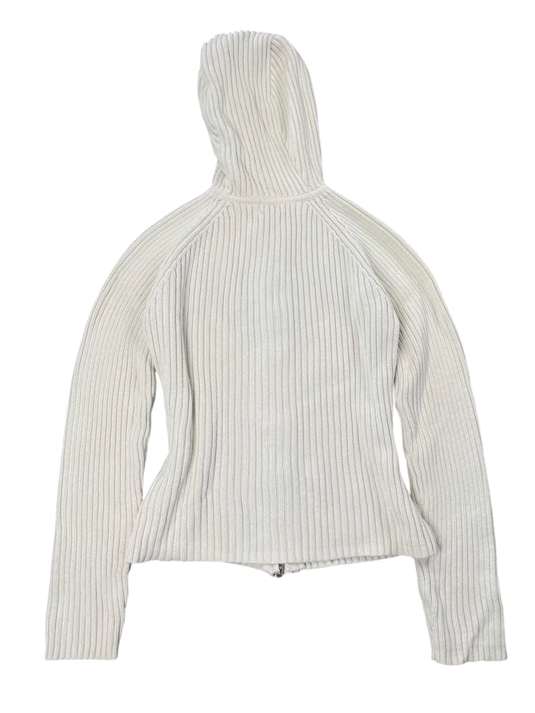 back view, Beiger gerippter Strick-Hoodie aus Baumwolle mit Reißverschluss für lässige und gemütliche Alltagslooks L: 51 cm / W: 43 cm Beige Ribbed Knit Hoodie, vintage Y2K second hand piece