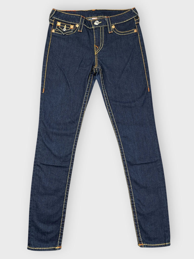 front view, True Religion Dark Blue Bootcut Jeans with Iconic Stitching, vintage Y2K second hand piece