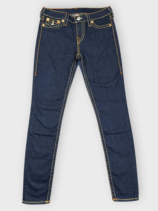 front view, True Religion Dark Blue Bootcut Jeans with Iconic Stitching, vintage Y2K second hand piece
