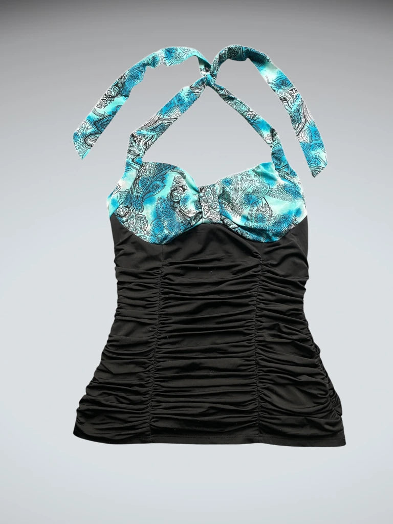 detail view, Light Blue Paisley Halter Top, vintage Y2K second hand piece
