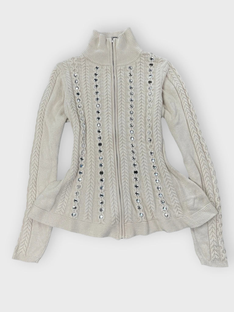 detail view, Boston Proper Beige Cable Knit Sweater with Rhinestone Embellishments, vintage Y2K second hand piece