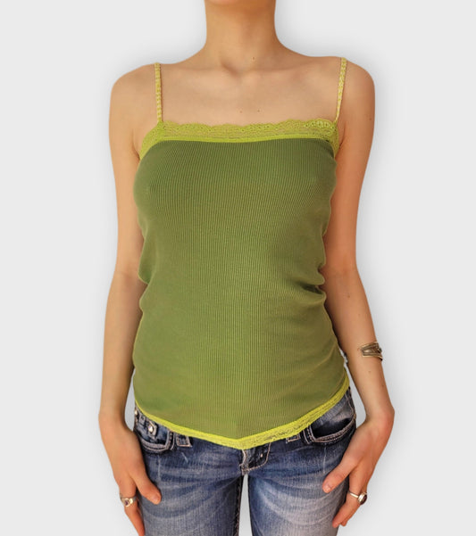 front view, Lime Green Ribbed Cami Top Scallop Lace Trim Retro Vibe, vintage Y2K second hand piece