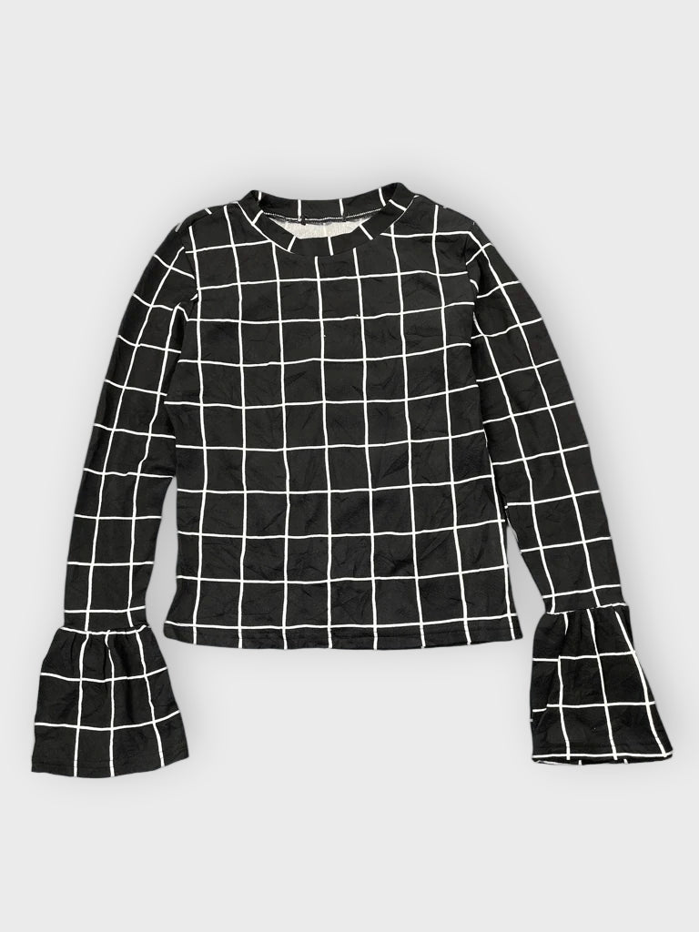 detail view, Black and White Checkered Bell Sleeve Top, vintage Y2K second hand piece
