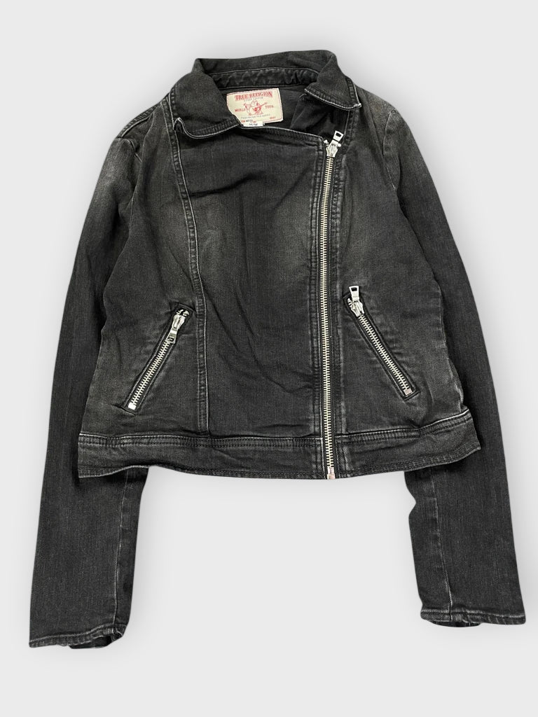 front view, True Religion Black Ash Washed Biker Denim Jacket, vintage Y2K second hand piece