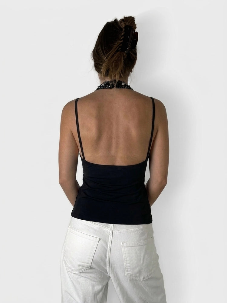 Black Embellished Halter Top (S)