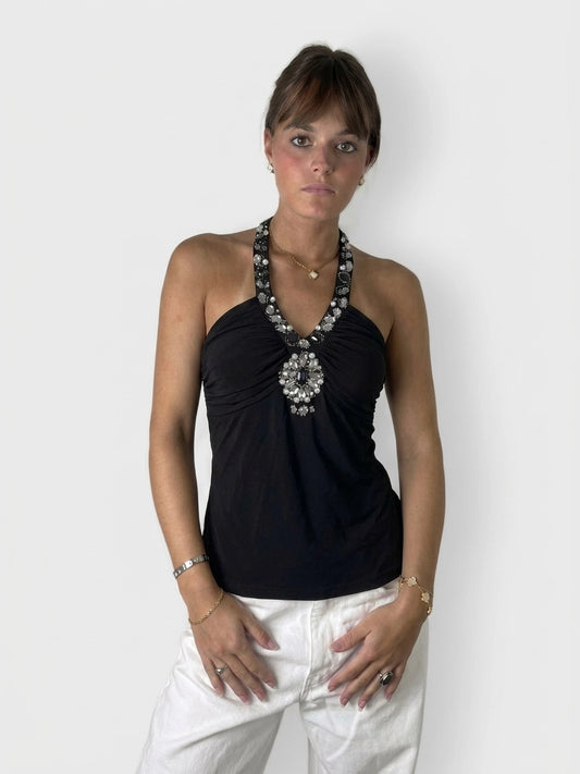 Black halter top featuring embellished neckline, shown in front view.