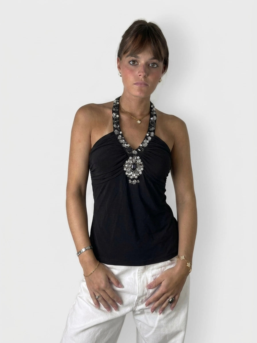 Black halter top featuring embellished neckline, shown in front view.