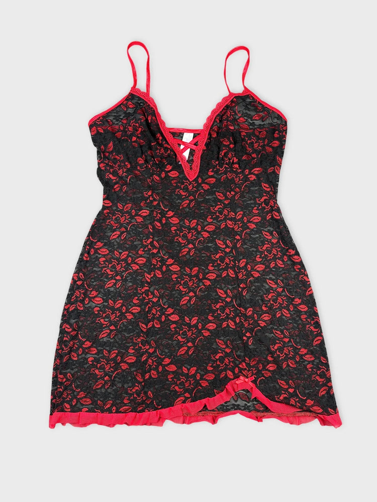 Black Floral Lace Top with Red Trim (M)