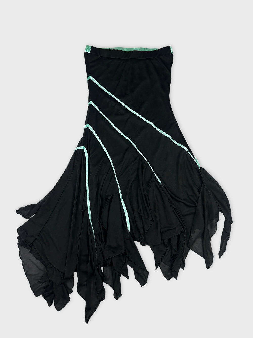 Black flowing skirt with aqua accents shown in front view