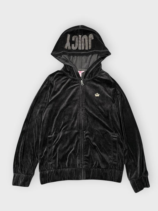 front view, Black Juicy Couture Velour Hoodie with Crown Embroidery, vintage Y2K second hand piece