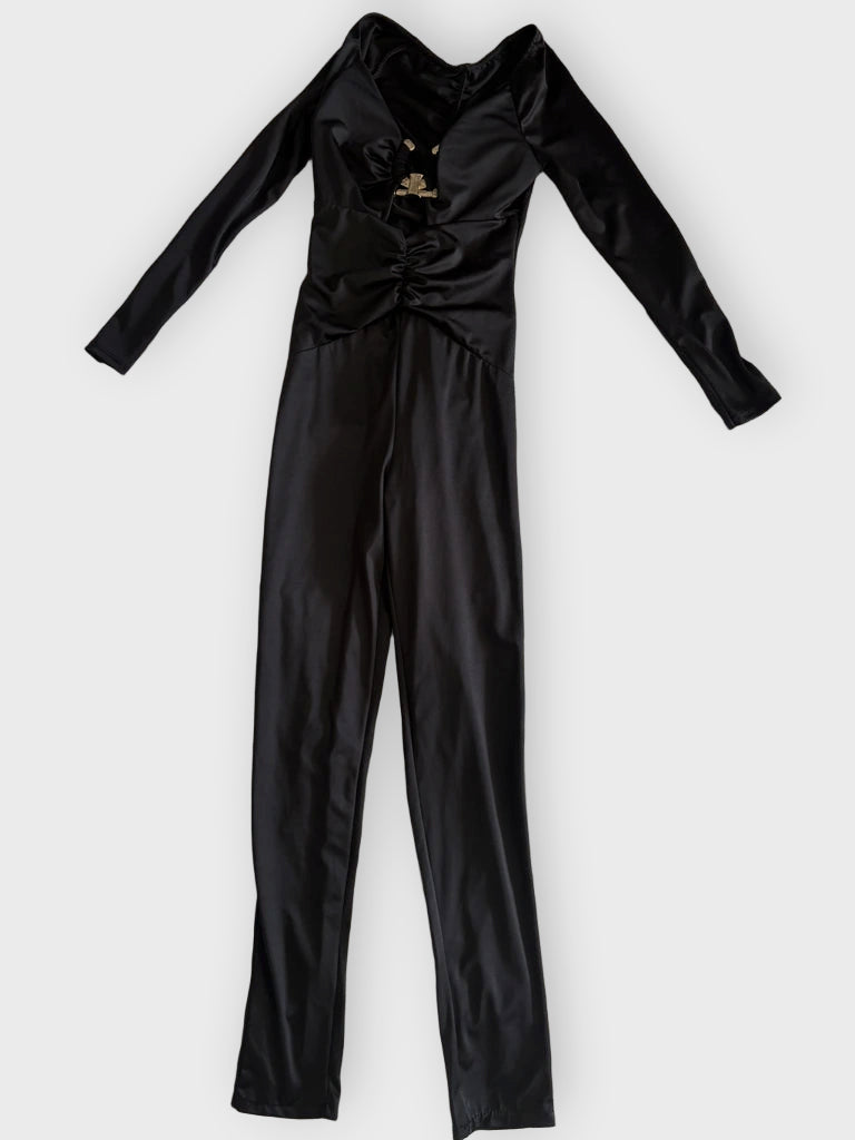 detail view, Black Jumpsuit with Golden Detail, vintage Y2K second hand piece, image 6