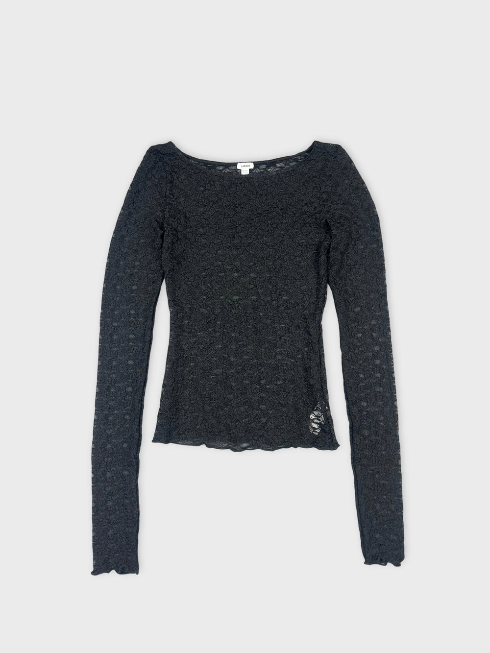 Black lace long sleeve top with a scalloped hem front view.