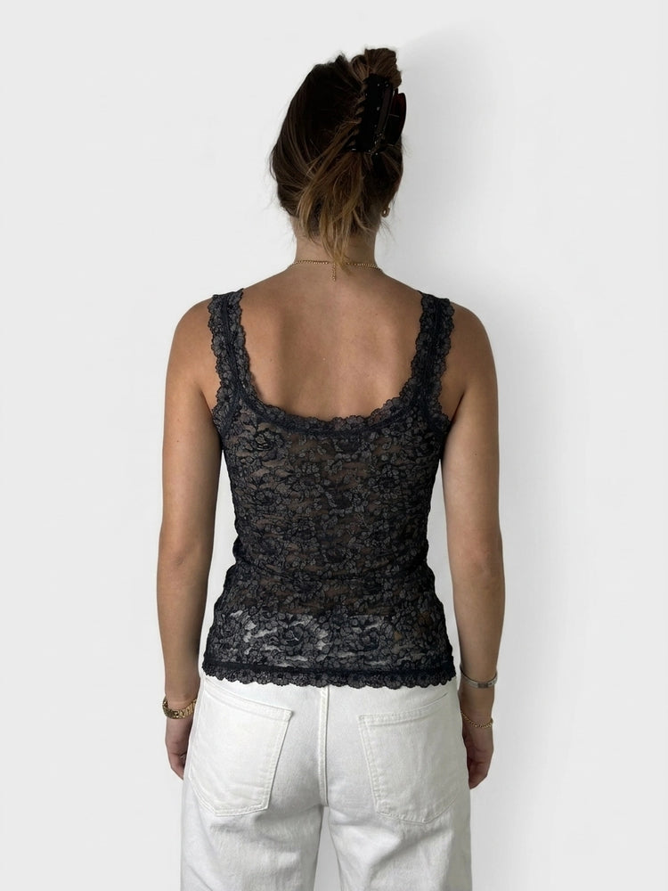 Black Lace Top with Floral Accents (S)