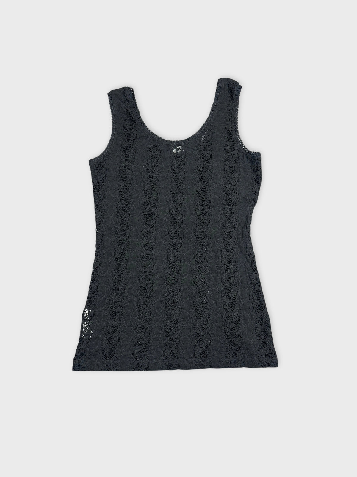 Back view of a black lace top featuring intricate lace detailing.