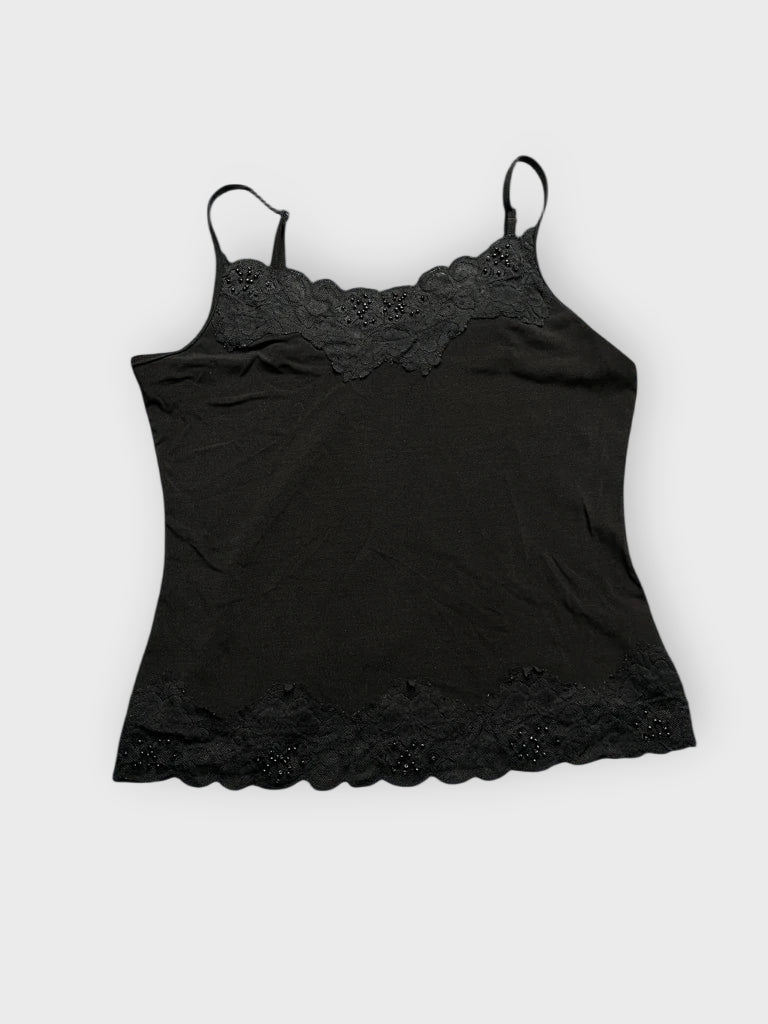 front view, N Club Wear Black Lace Trim Camisole, vintage Y2K second hand piece