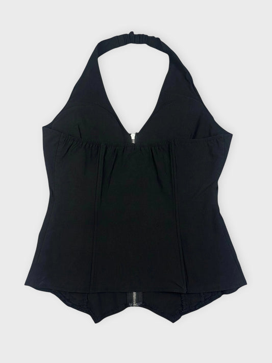 back view, Black Lace-Up Corset Top with Front Zip (XL) image