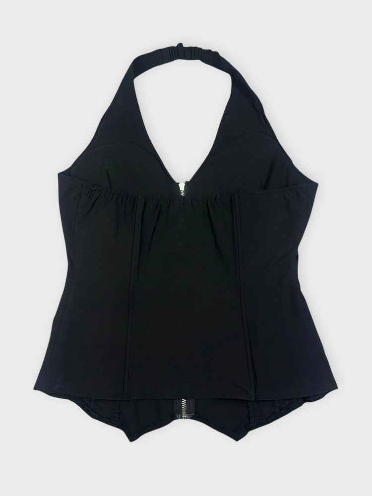 Black Lace-Up Corset Top with Front Zip (XL)