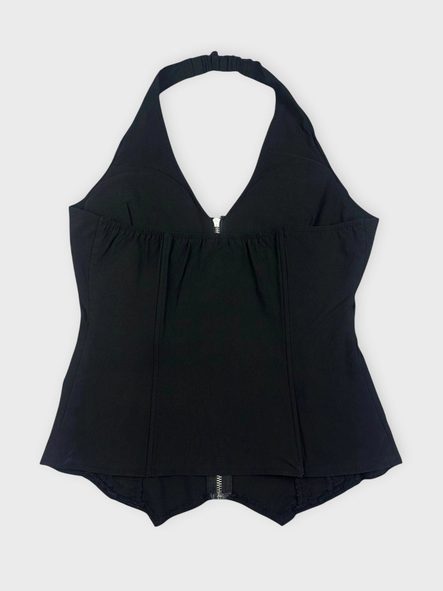 back view, Black Lace-Up Corset Top with Front Zip (XL) image