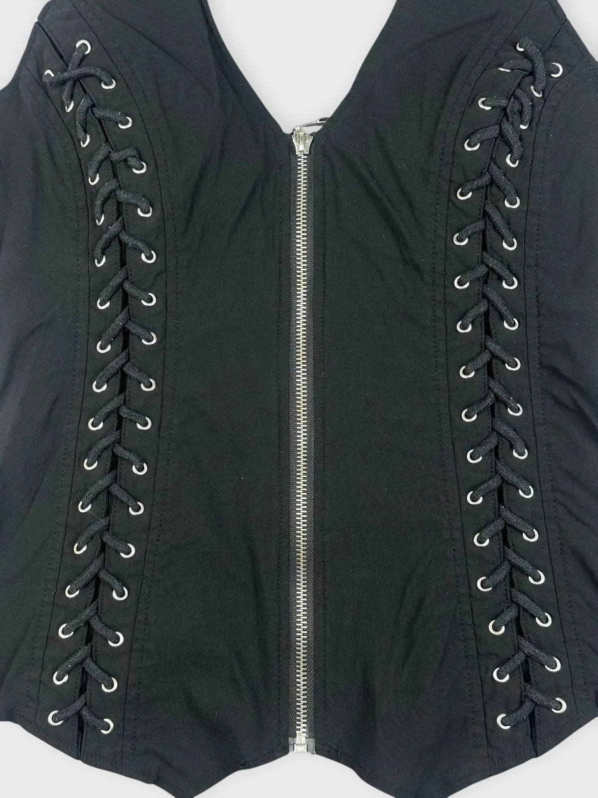 detail view, Black Lace-Up Corset Top with Front Zip (XL) image