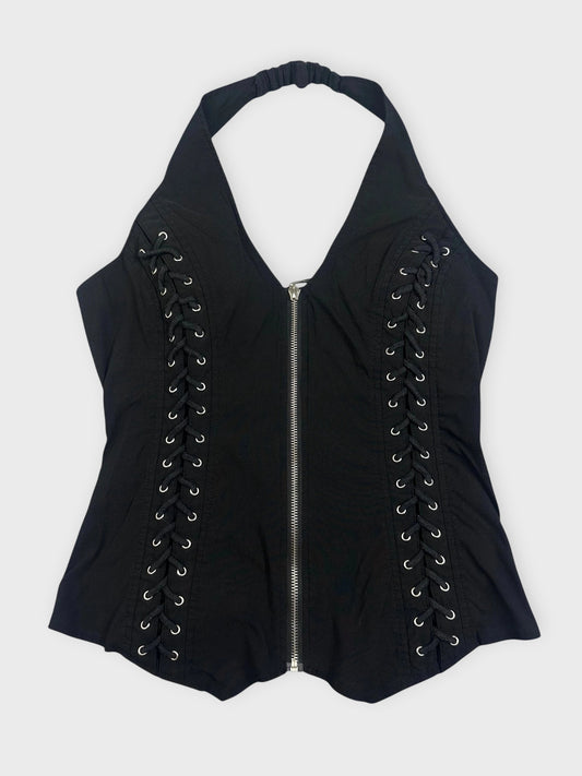 Black lace-up corset top with front zip in front view