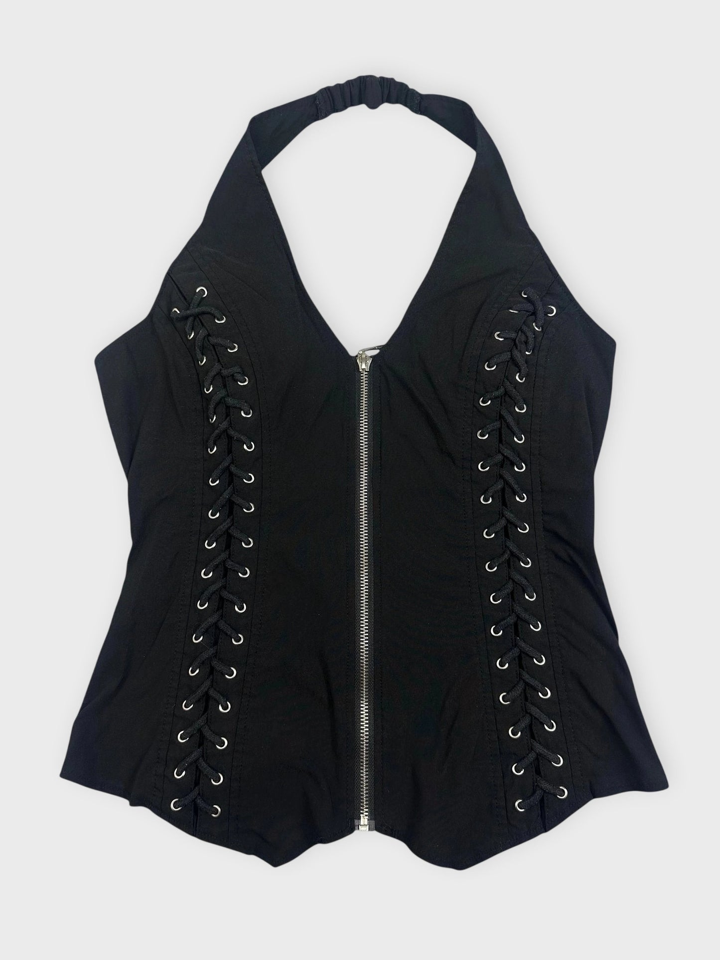 Black lace-up corset top with front zip in front view