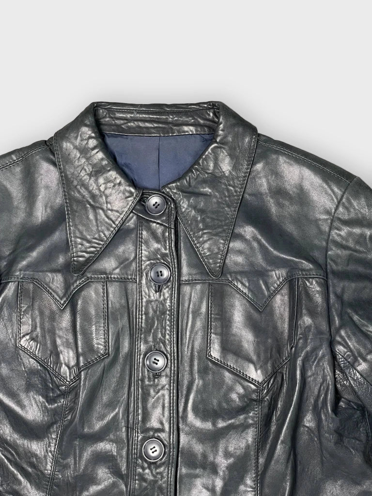 detail view, Stadick Black Leather Coat, vintage Y2K second hand piece