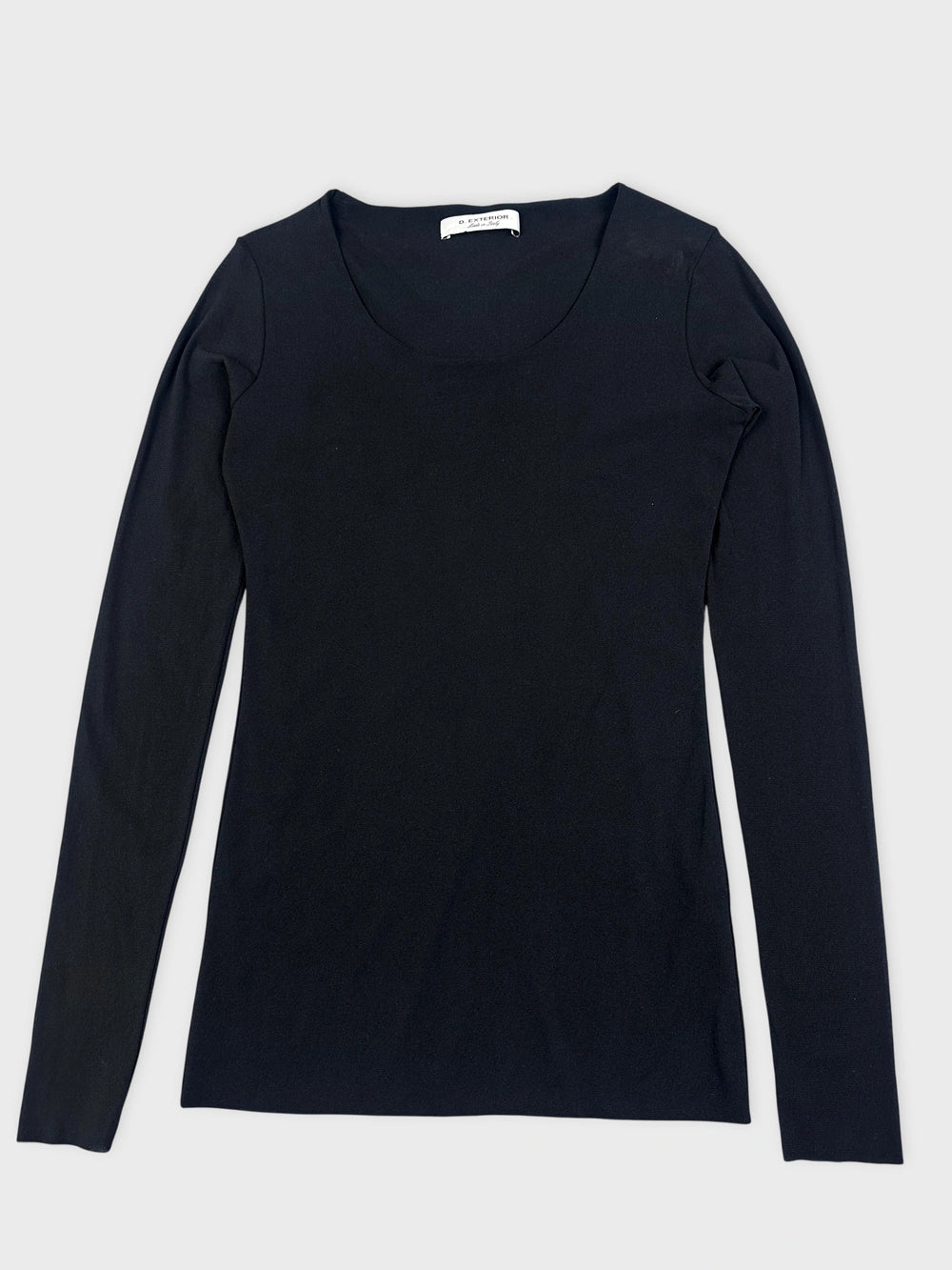 Black long sleeve knit dress front view with a classic scoop neck design.