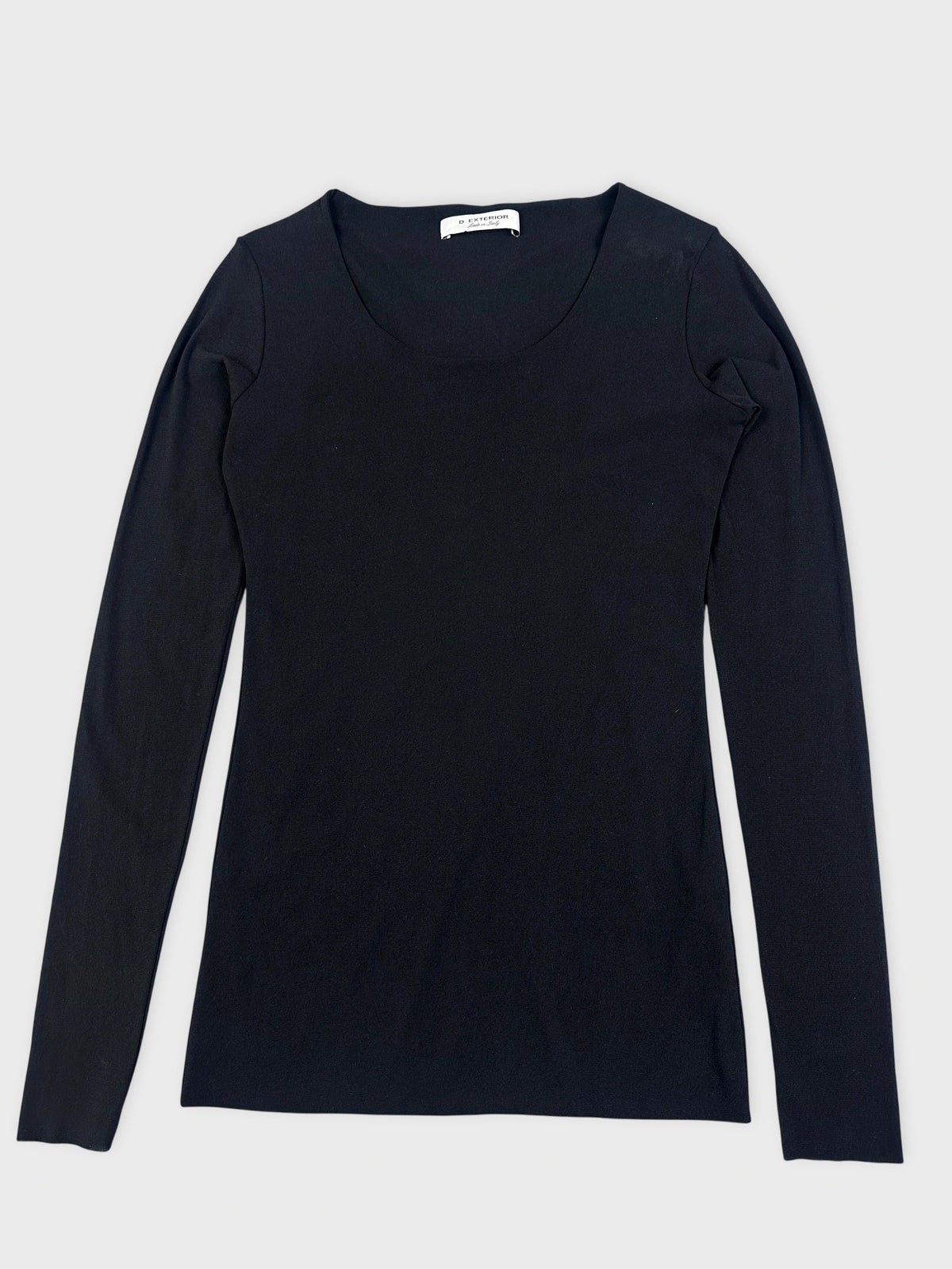 Black long sleeve knit dress front view with a classic scoop neck design.