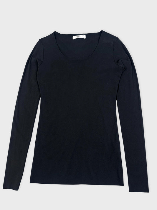 Black long sleeve knit dress front view with a classic scoop neck design.