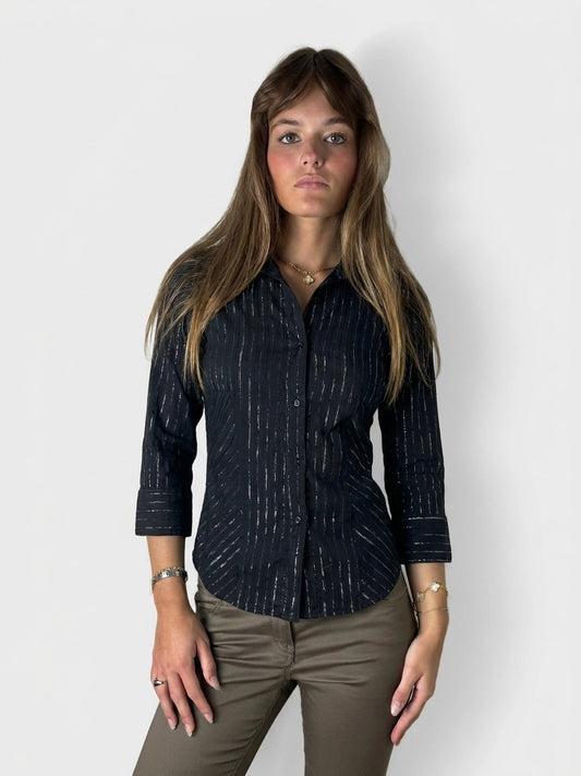 Front view of a black pinstripe fitted button-up shirt with a subtle sheen.