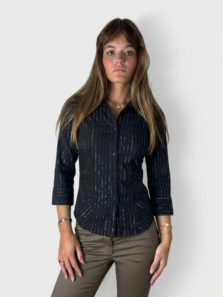 Chic Black Pinstripe Fitted Shirt for Night Out (M)
