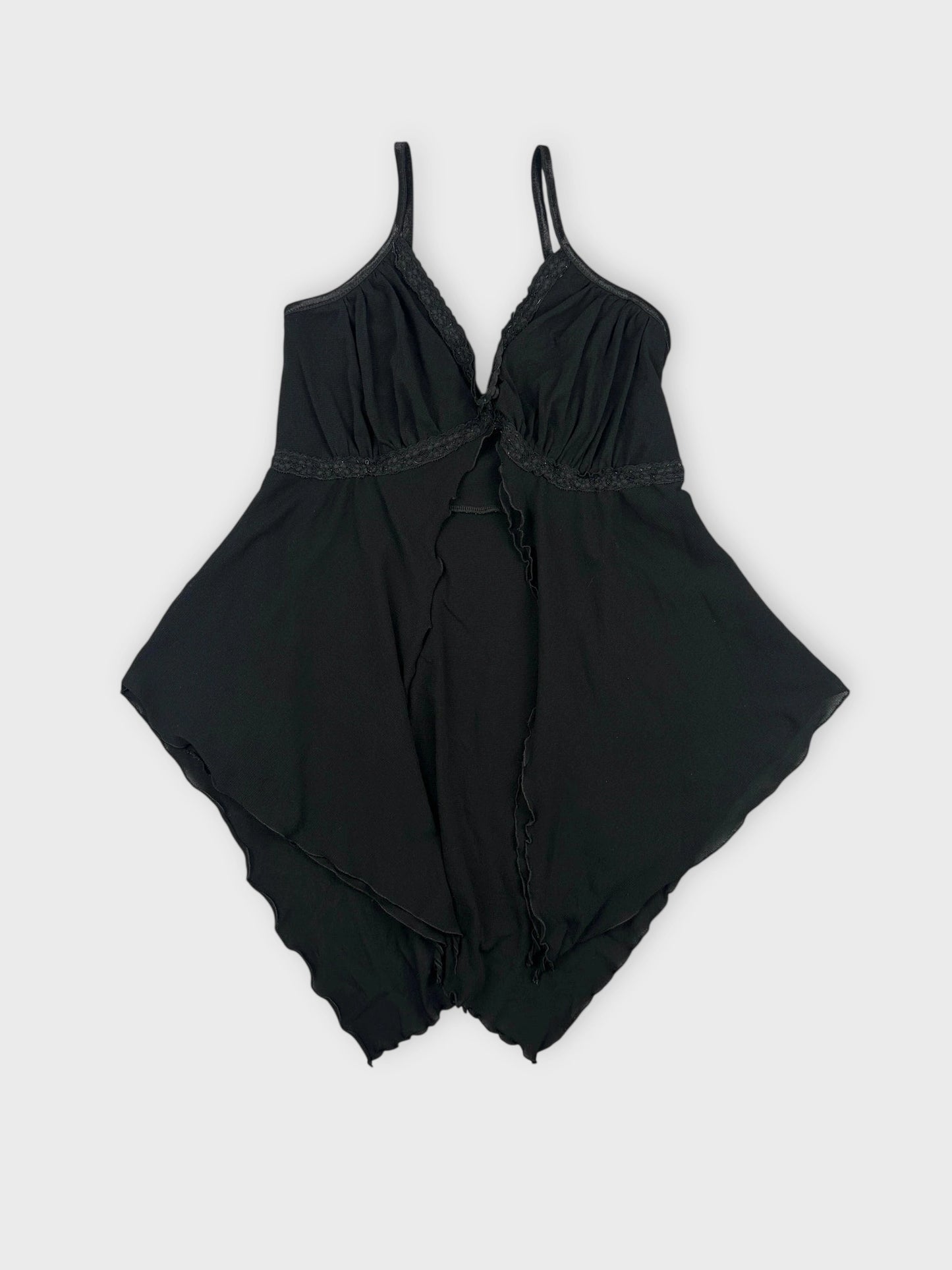 Black sheer cami top with lace trim front view