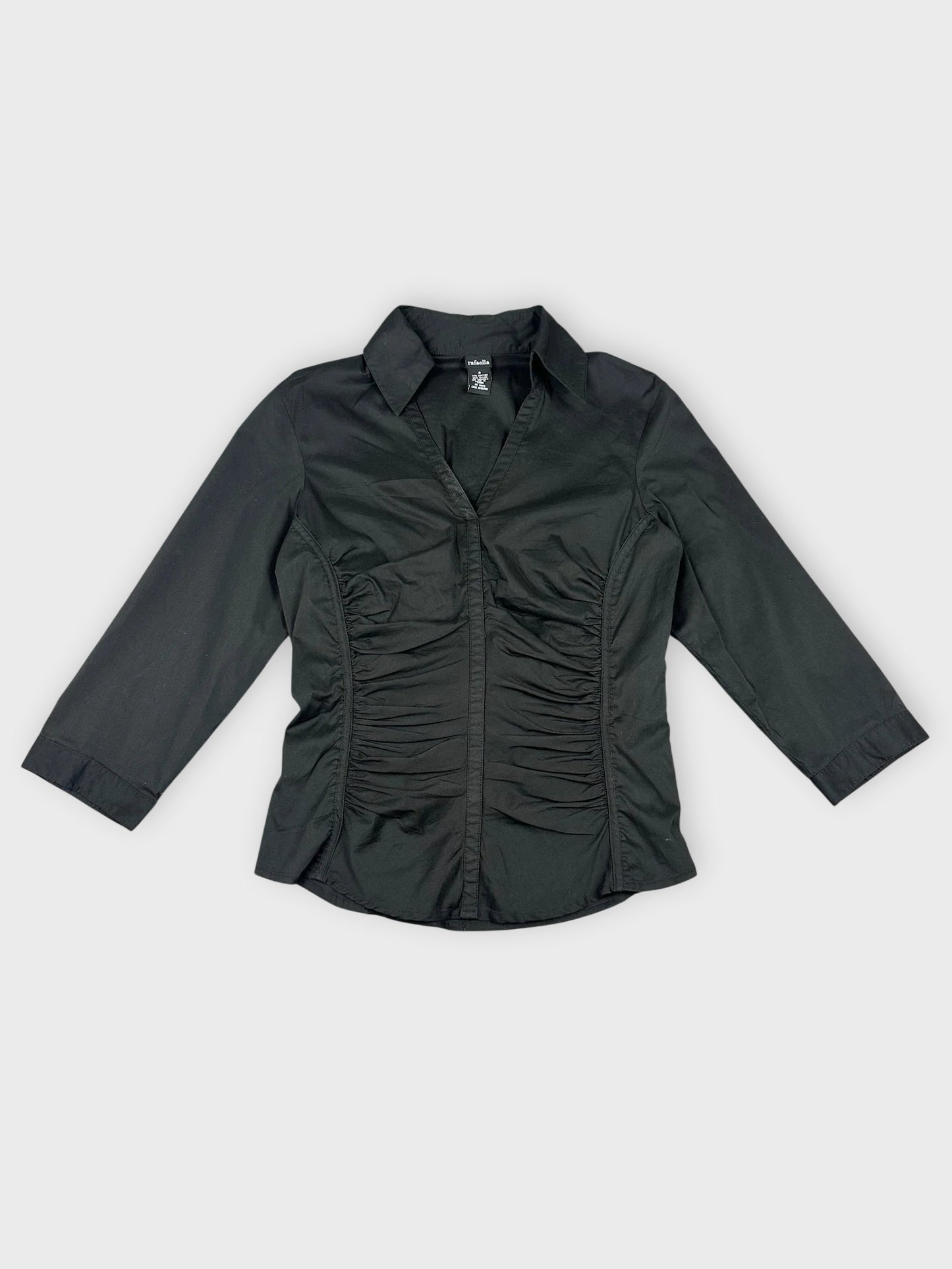 Black short sleeve shirt with ruching front view