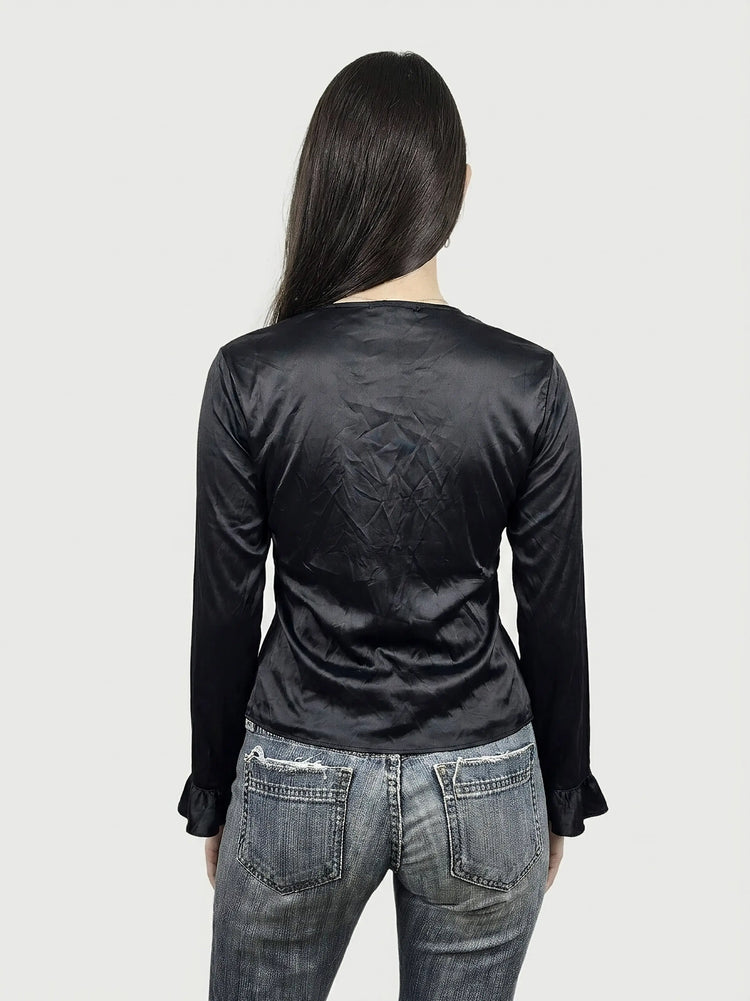 Black Silk Ruffled Top for Elegant Nights (L)