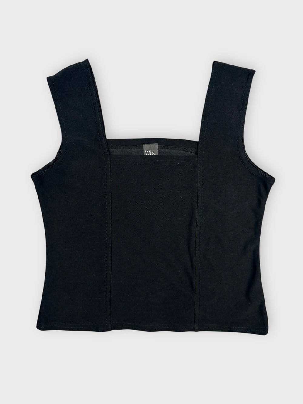 Front view of a black sleeveless top featuring a square neck design.