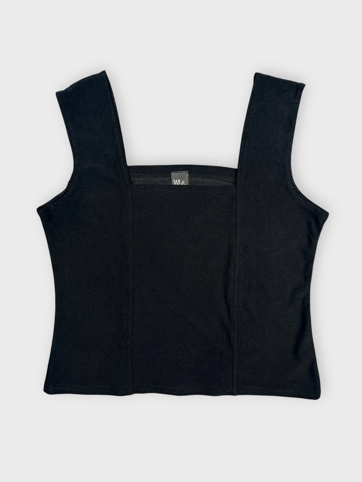 Front view of a black sleeveless top featuring a square neck design.