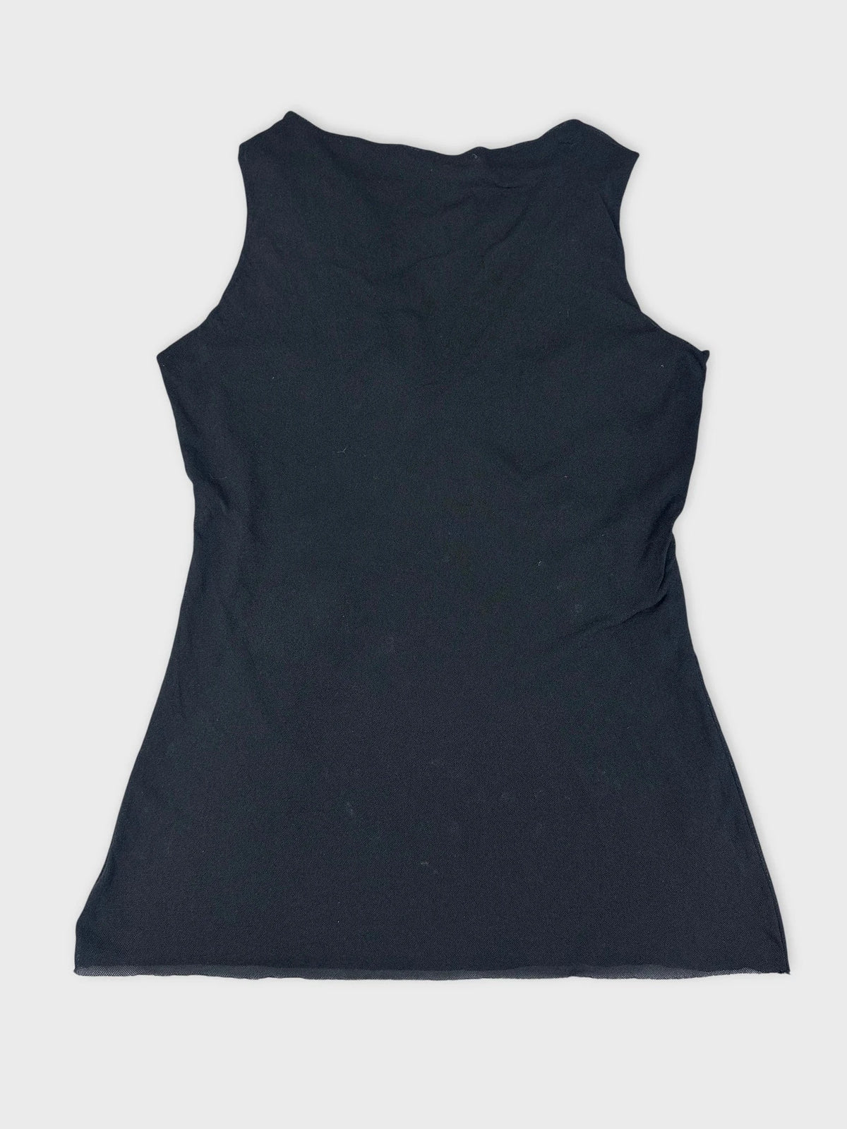 Back view of a black sleeveless top with a twist detail.
