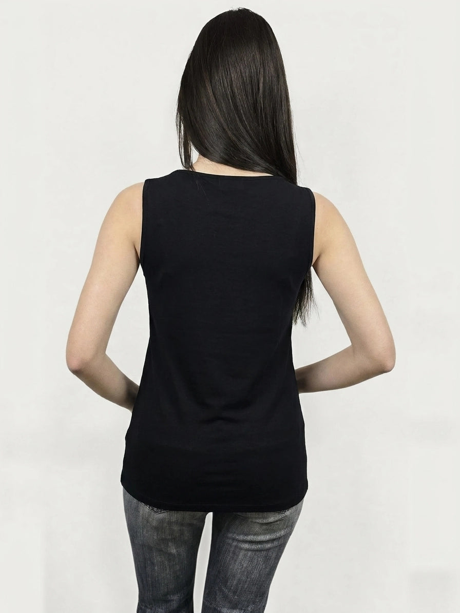 Back view of black sleeveless top featuring a twist detail.