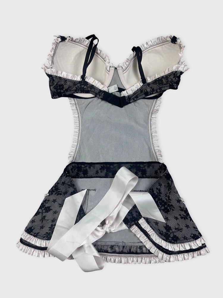 Lace-Trimmed Black Bodysuit with Pockets (S)