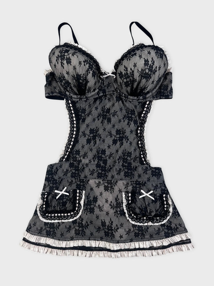 Lace-Trimmed Black Bodysuit with Pockets (S)