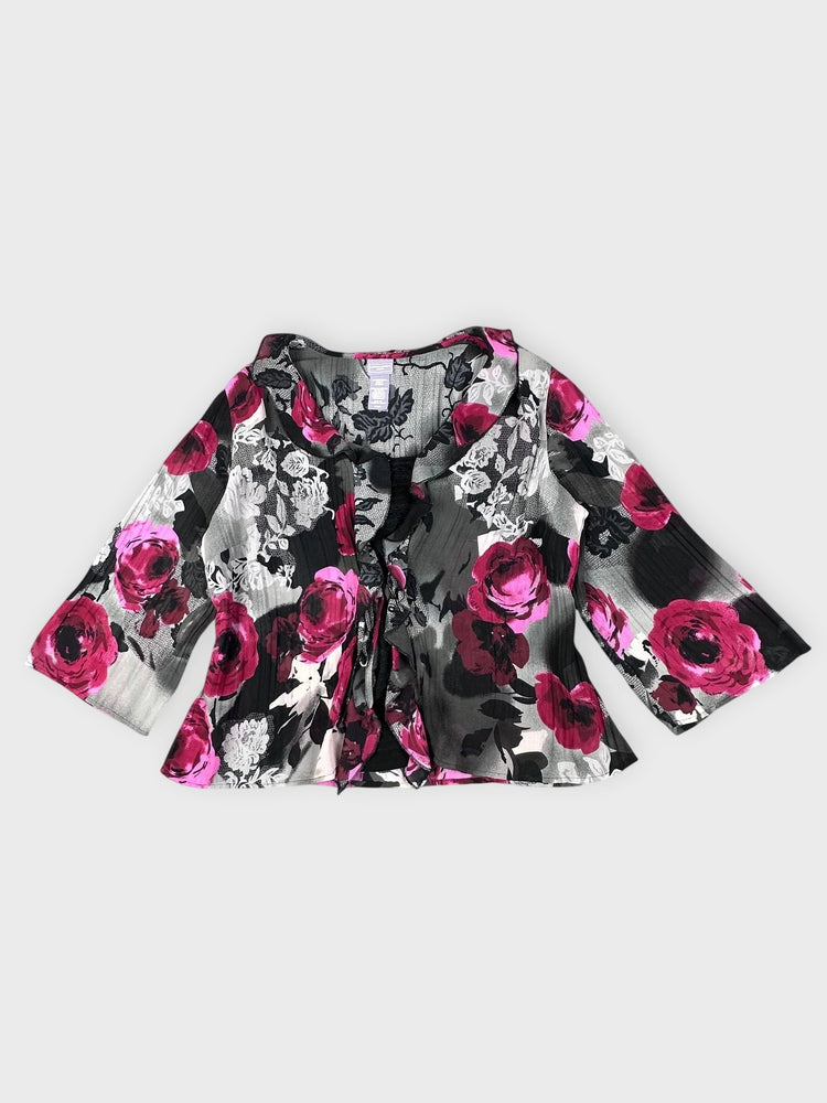 Floral Black Silk Blouse - Elegant Tie Detail (S)