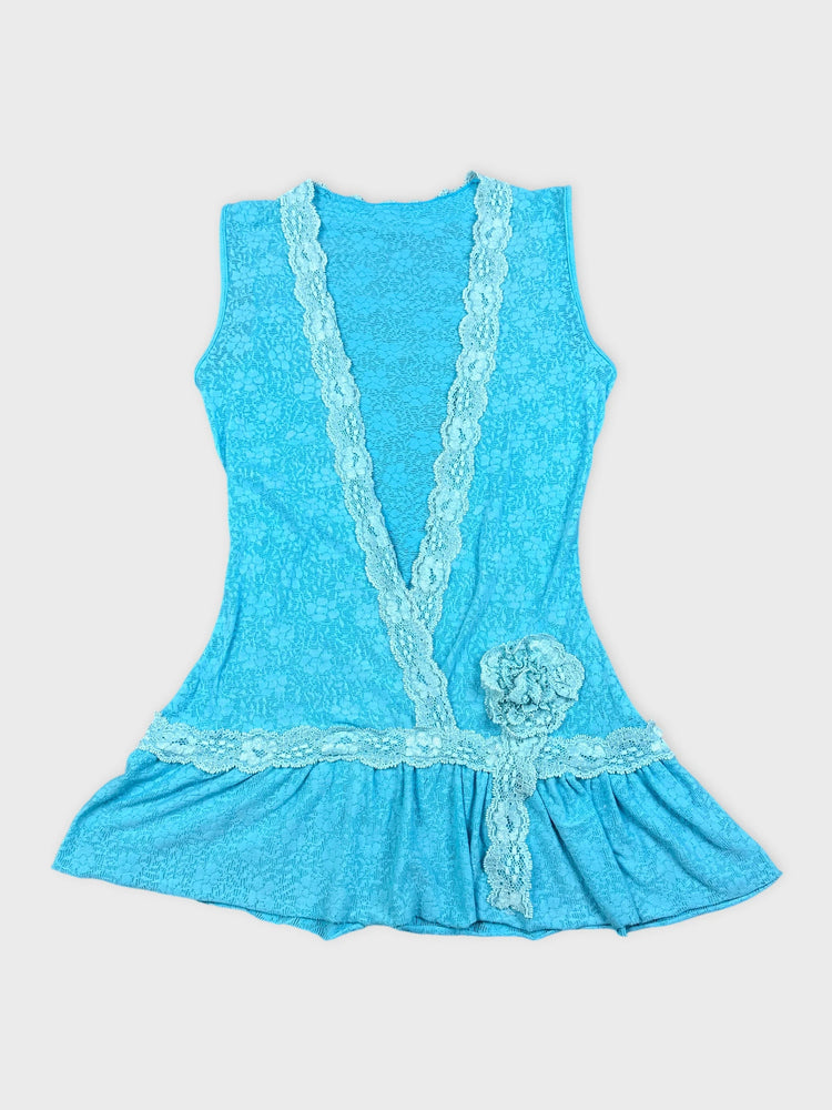 Lace-Trimmed Aqua Top with Flared Hem (S)