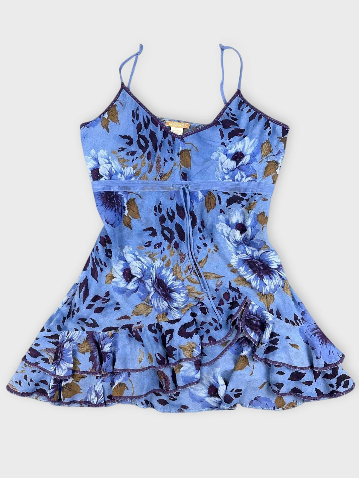 Blue floral ruffle dress with a relaxed fit front view.