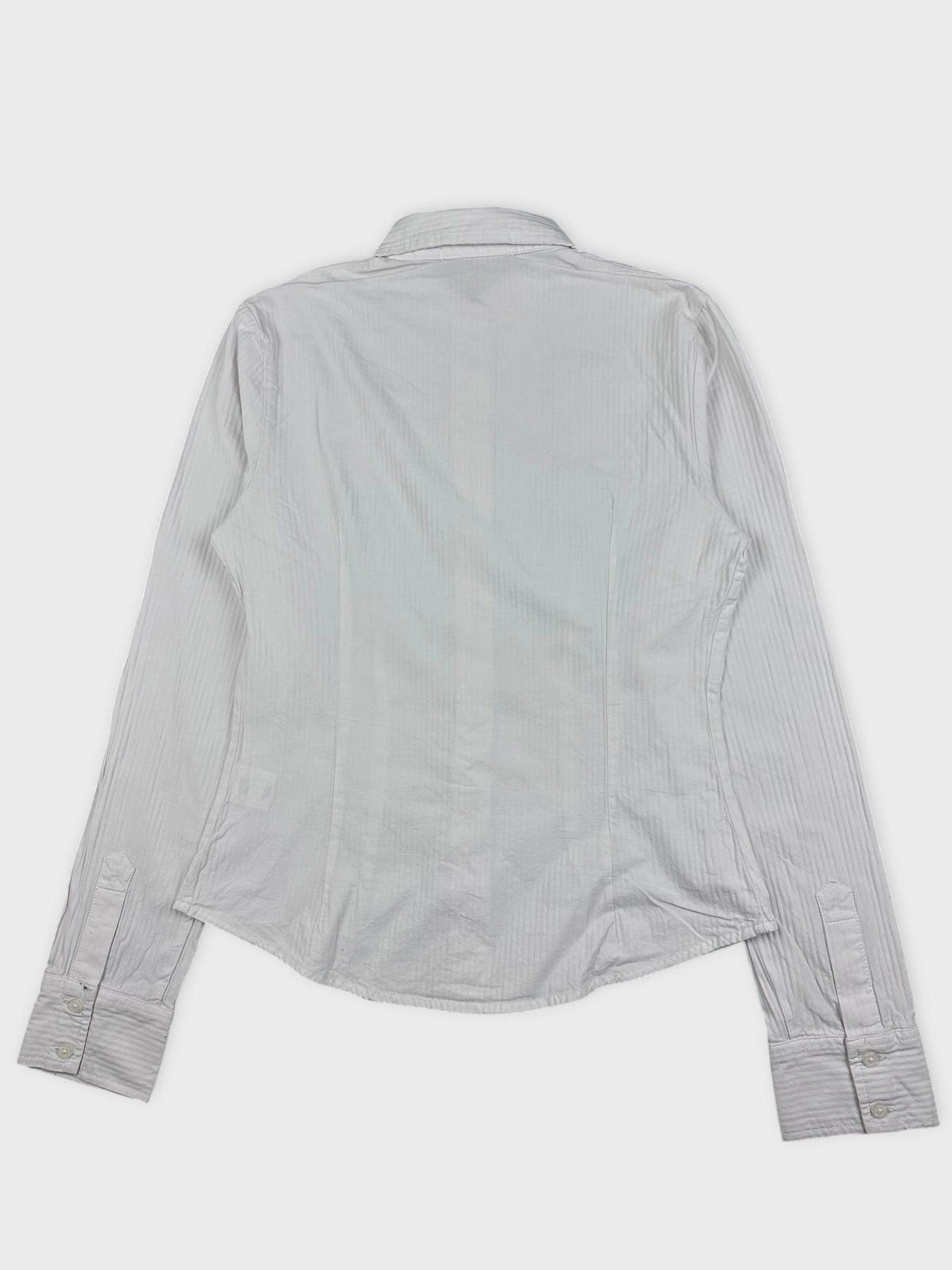 Back view of a white striped button-down shirt with a classic collar.
