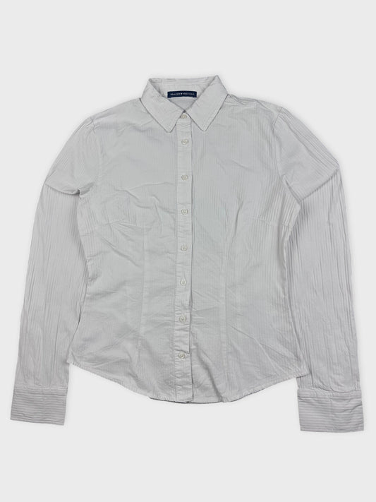 Front view of a white button-down shirt with subtle stripes.
